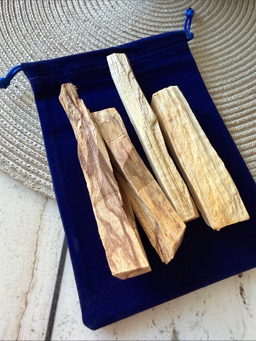 Natural Palo Santo Wood Sticks in Blue Velvet Drawstring Pouch 4"x6"